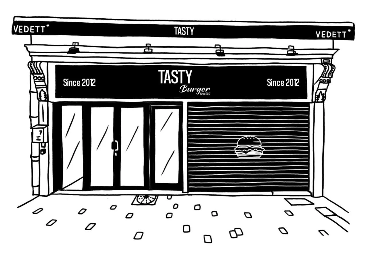 Dessin de la façade du Tasty Burger, rue des Fripiers à Namur